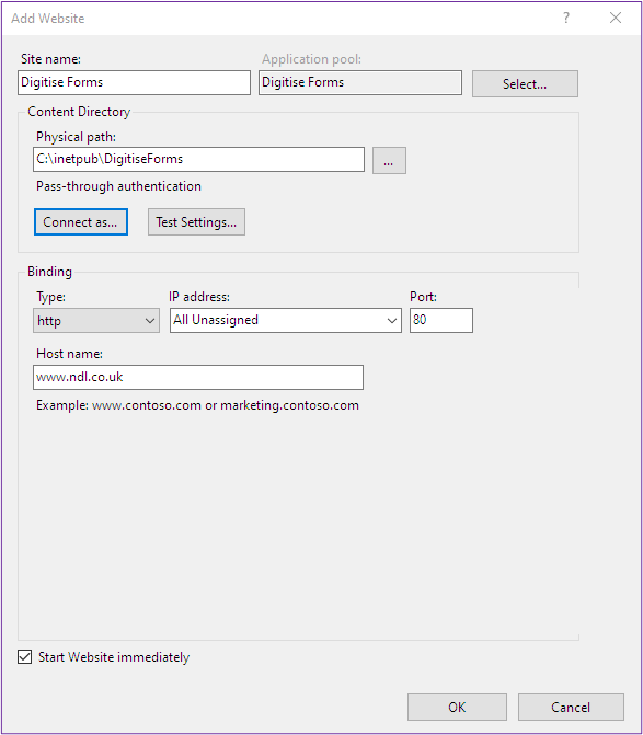 Picture showing the Add Website Dialog Box Properties. 